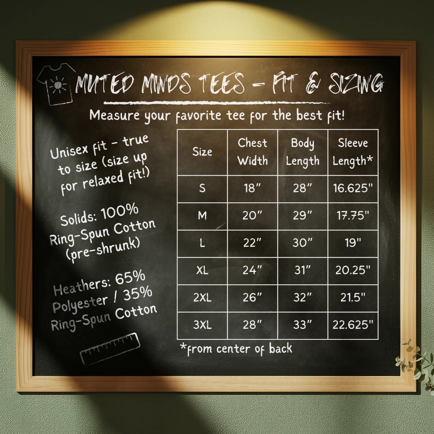 Muted Minds Tees Fit and Sizing Chart product type